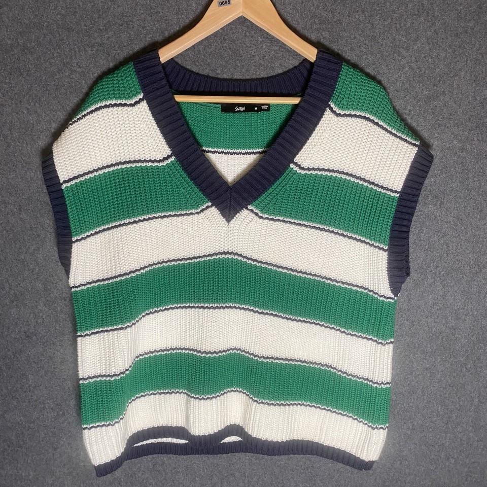 Sportsgirl Striped Knit Sweater Vest Women's Size Medium Green White Casual