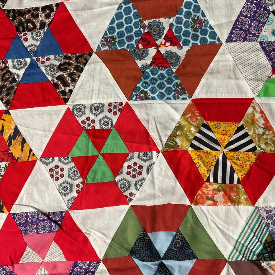 Vintage Scrappy Hexagon Star Quilt Top Only Red White Multi 1940s Hand Pieced - Image 3 of 4