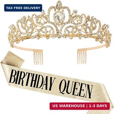 Birthday Queen Sash Rhinestone Tiara Set Gold Happy Birthday Crowns for Women