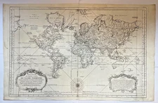WORLD MAP MERCATOR'S PROJECTION 1755 NICHOLAS BELLIN VERY LARGE ANTIQUE MAP