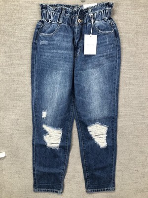 KanCan Jeans Womens M Blue Medium Wash High Rise Paperbag Relaxed Distressed
