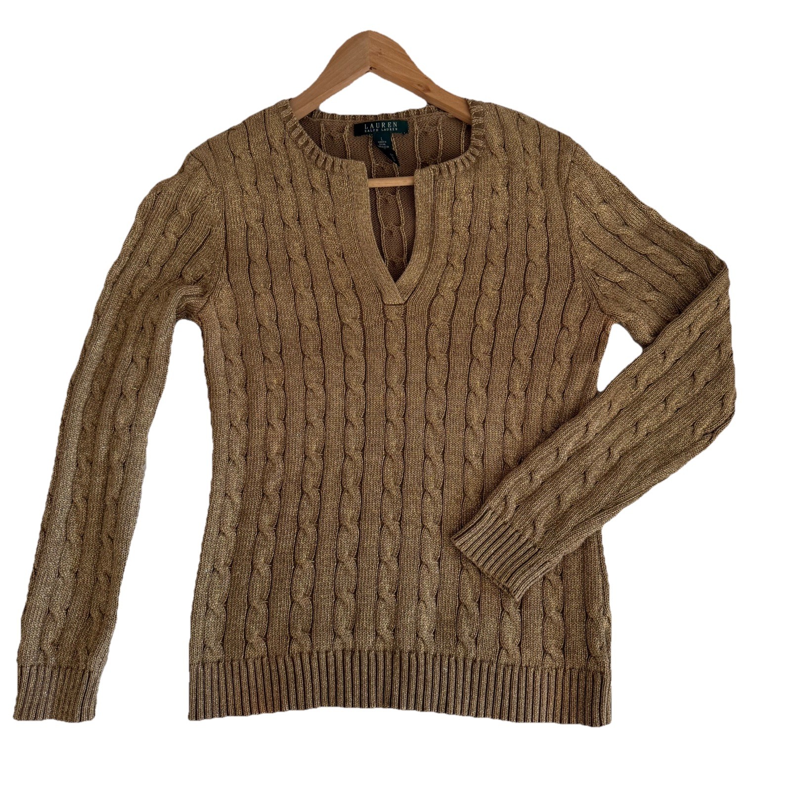 Lauren Ralph Lauren Large Metallic Gold Silk Cable Knit Pullover Sweater