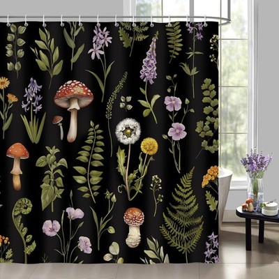 Bonhause Mushroom Floral Shower Curtain, Retro Forest Fern Plant Spring Botanica