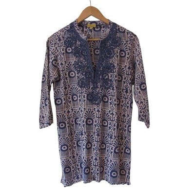Roberta Roller Rabbit Blue Tunic Top Small Embroidered Boho 3/4 Sleeves Beach