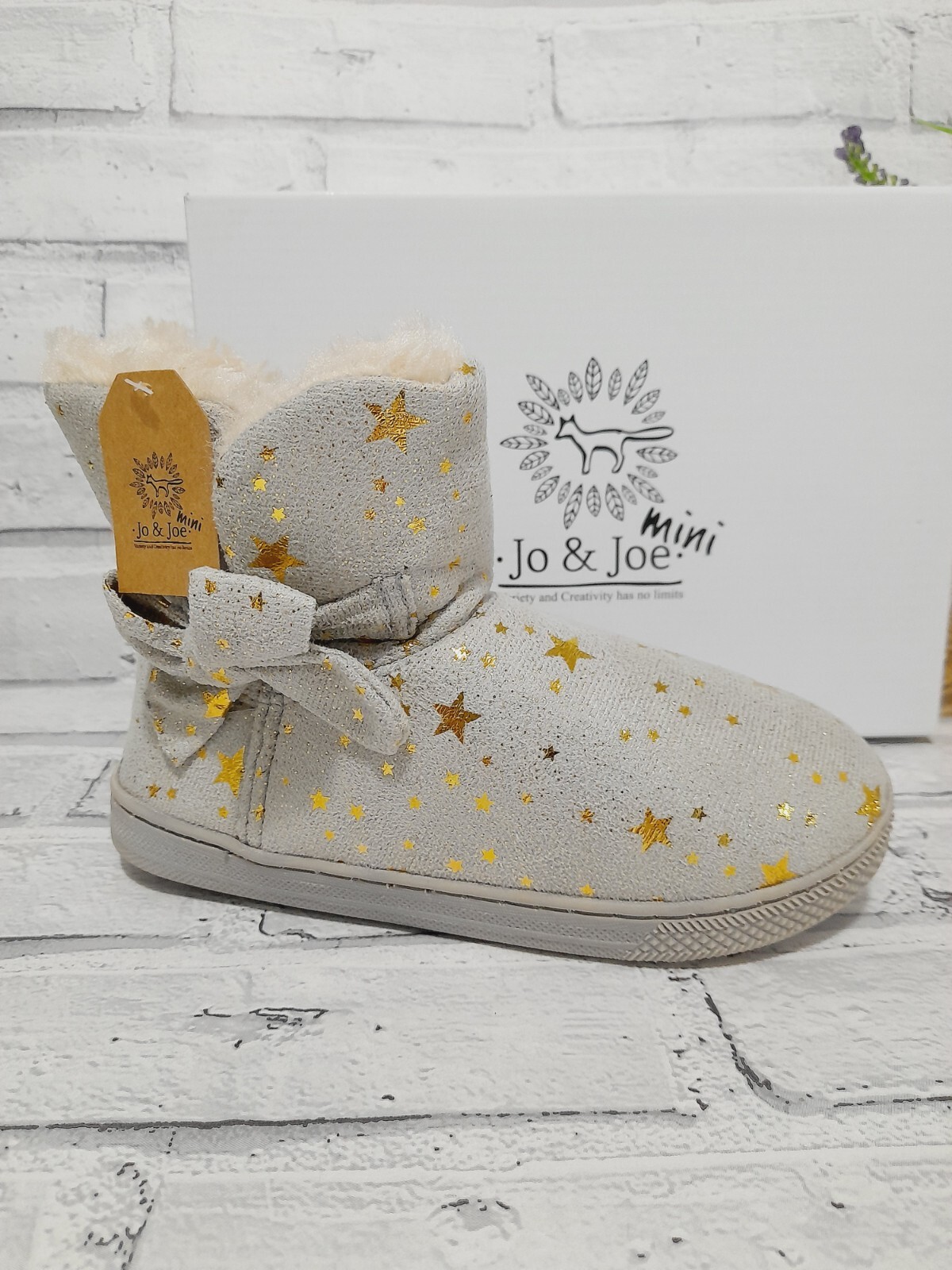 PANTOFOLA D’ORO Scarpe stivaletti grigie per ragazze bambini in pelliccia sintetica fiocco stivali oro stelle taglia UK10 2