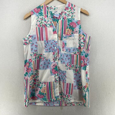 HAMPTON HOUSE Pajama Top Womens S V-Neck Button Up Patchwork Floral Pink HK VTG