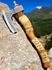 Handcrafted Viking Axe | Engraved High Carbon Steel Blade for Collectors sheath