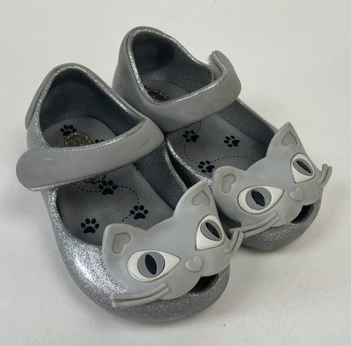 Mini Melissa Girls Silver Glitter Kitty Cat Jelly Shoes Baby Toddler Size 5 - Picture 2 of 12