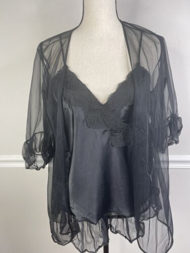 Vintage DELICATES Liquid SATIN Lace Cami Peignoir Black Large Chiffon Set Sexy - Picture 1 of 12