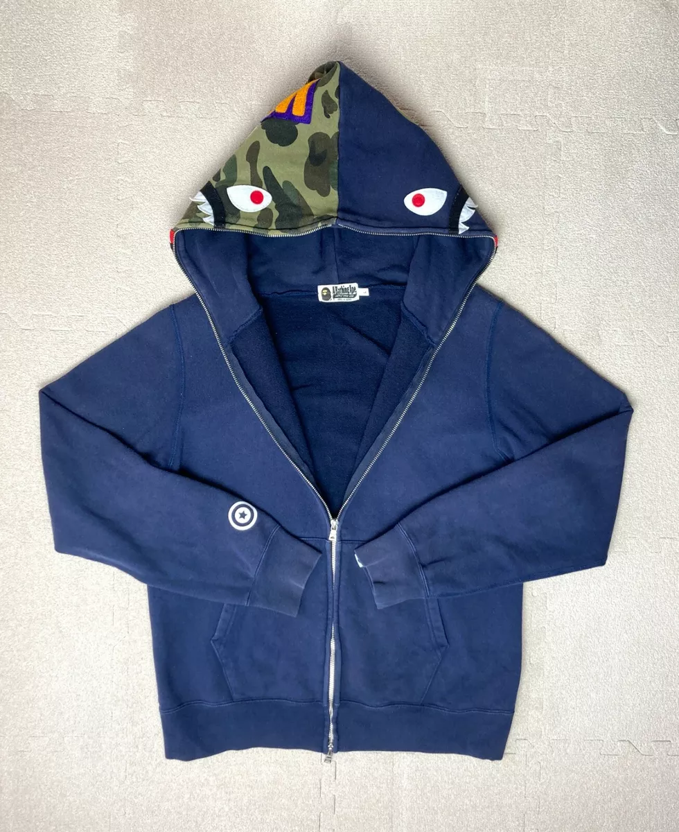 Bape Navy 1st Camo Green Shark Full Zip Hoodie Size L a bathing