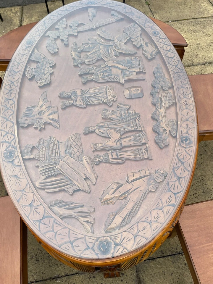 chinese style carved oval coffee table with six stools - Image 4 of 4