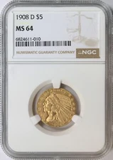 1908-D $5 Indian Gold Half Eagle NGC MS64
