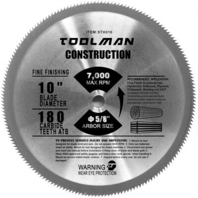 Toolman Construction Fine Finishing Cutting Saw Blade 10  x 5/8  180T MaxRPM7000