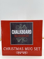 CHALKBOARD Blessings Christmas Set of FOUR Coffee Tea Cups Mugs BOX Write NAMES