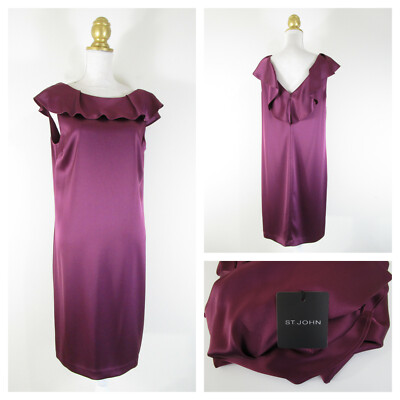 St. John Solid Purple Plum Ruffle Neckline Formal Shift Dress Size 8 NWT $995
