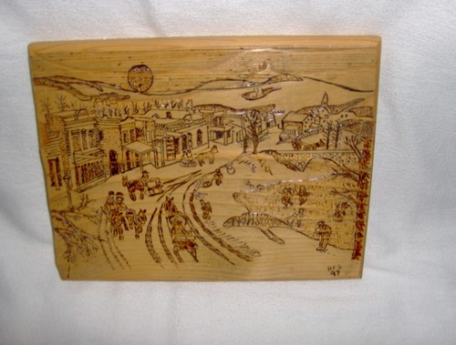 Vecchio quadro città occidentale bruciato in legno - Foto 2 di 2