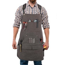 Grey Men's Heavy Duty Canvas Multi Pocket Work Apron for Woodworking and