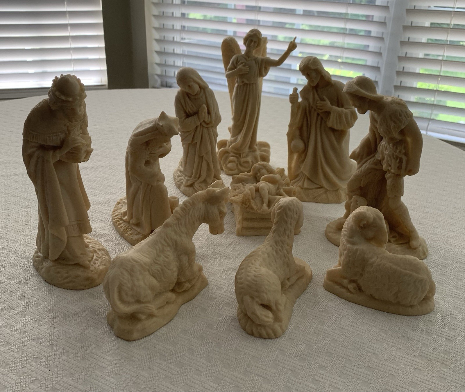 Vintage Hand Carved Nativity Scene Soap/Sand Stone White Ivory 10 Pieces 8” Tall