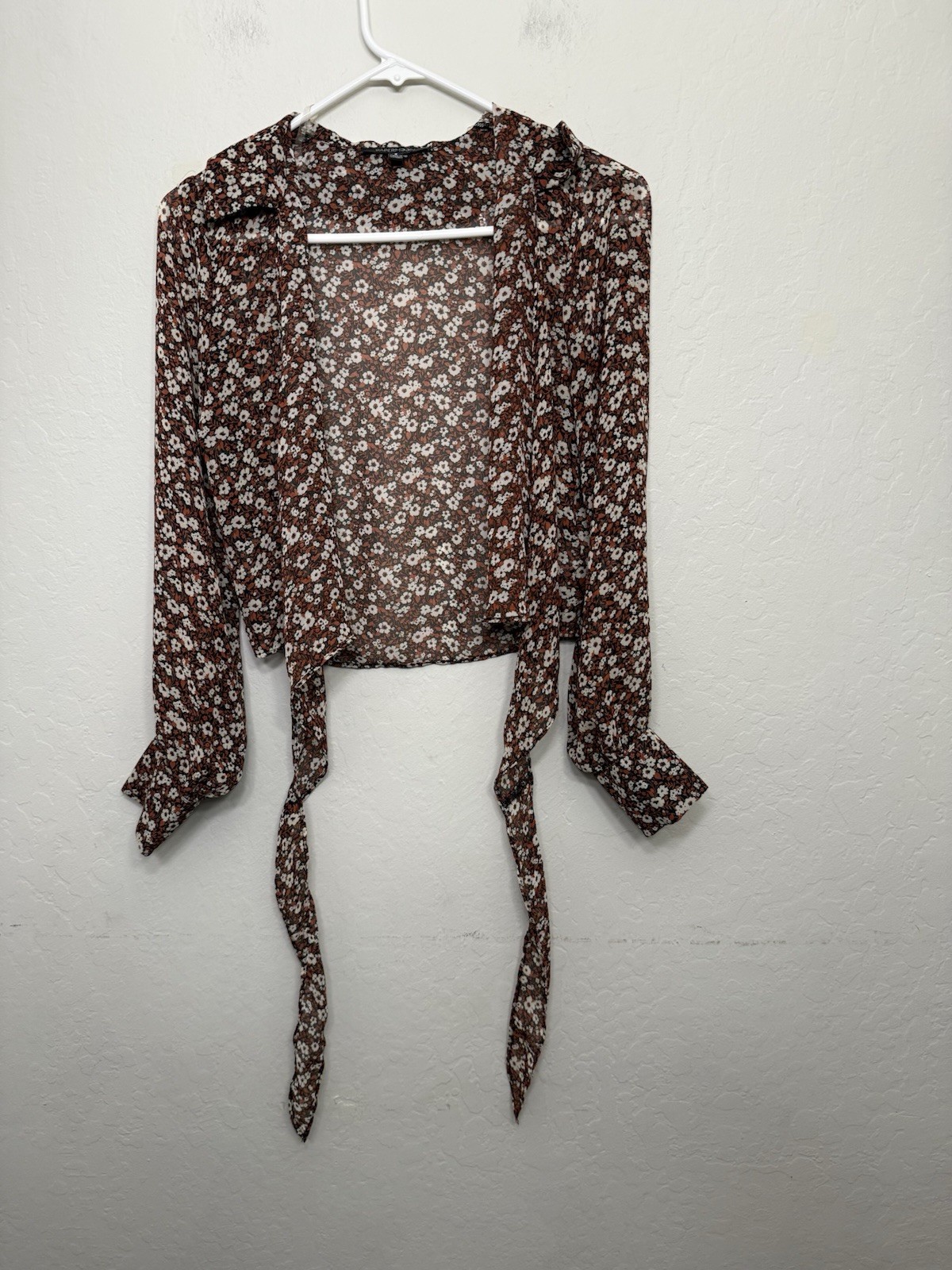 Papermoon Women's Beige Top Long Sleeve Front Tie Size Small