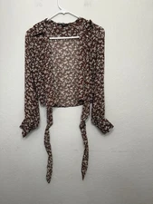 Papermoon Women's Beige Top Long Sleeve Front Tie Size Small