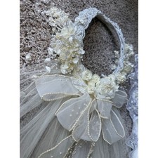 Bridal Headpiece Veil two layers Floral Pearl Wedding Headband 38" long