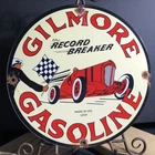 VINTAGE 1939 DATED GILMORE GASOLINE RECORD BREAKER PORCELAIN GAS OIL SIGN