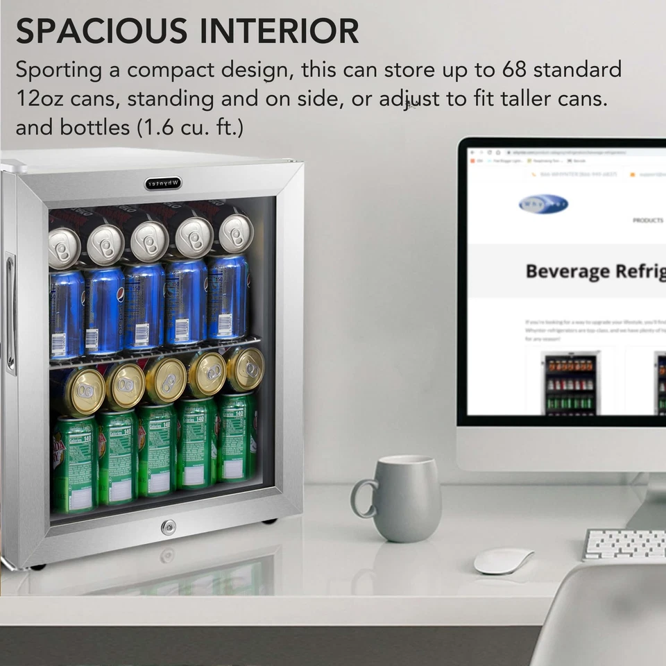 BR-062WS 68罐饮料冰箱带玻璃门,1.6 立方英尺独立... — 第 3/4 张图片