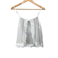 White Sheer Mesh Pola Dot Lace Open Front Tie Camisole Top Coquette sz M Cute