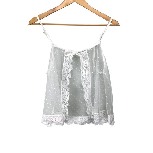 White Sheer Mesh Pola Dot Lace Open Front Tie Camisole Top Coquette sz M Cute