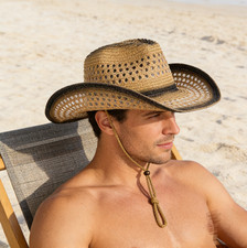 Men Women Straw Cowboy Hat Wide Brim Sun Hat with Chin Strap for Beach Western