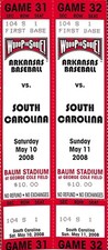 MAY 11, 2008 SOUTH CAROLINA @ ARKANSAS RAZORBACKS COLLEGE BASEBALL FULL TICKETS