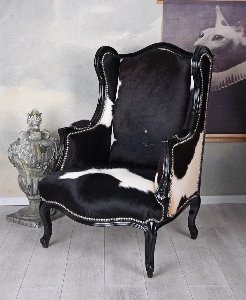 Luxus Sessel Barock Ohrenbackensessel Armlehnsessel Kuhfell Kaminsessel Antik - Bild 3 von 4