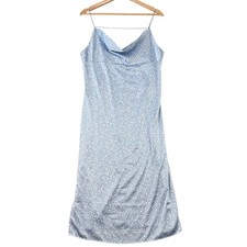 Forever 21 Satin Midi Dress Womens L Blue Polka Dot Romantic Cowl Neckline