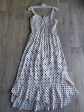 Grace Karin Women Cream/Black Polka Dot Smocked maxi Dress ruffle hem SizeL 14uk