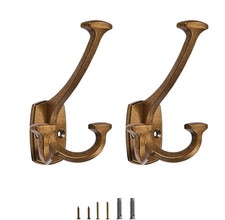 2 PCS Antique Brass Heavy Duty Triple Coat Hooks Wall Mounted Robe Hanger