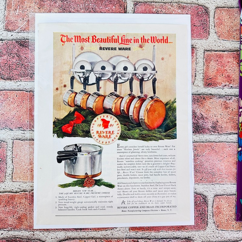 1949 Revere Copper and Brass - Shiny Pots and Pans - Original Retro PRINT AD