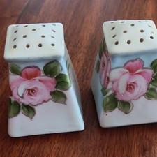 Porcelain Square Salt & Pepper Shakers Roses Pattern White Pink Green Decorative