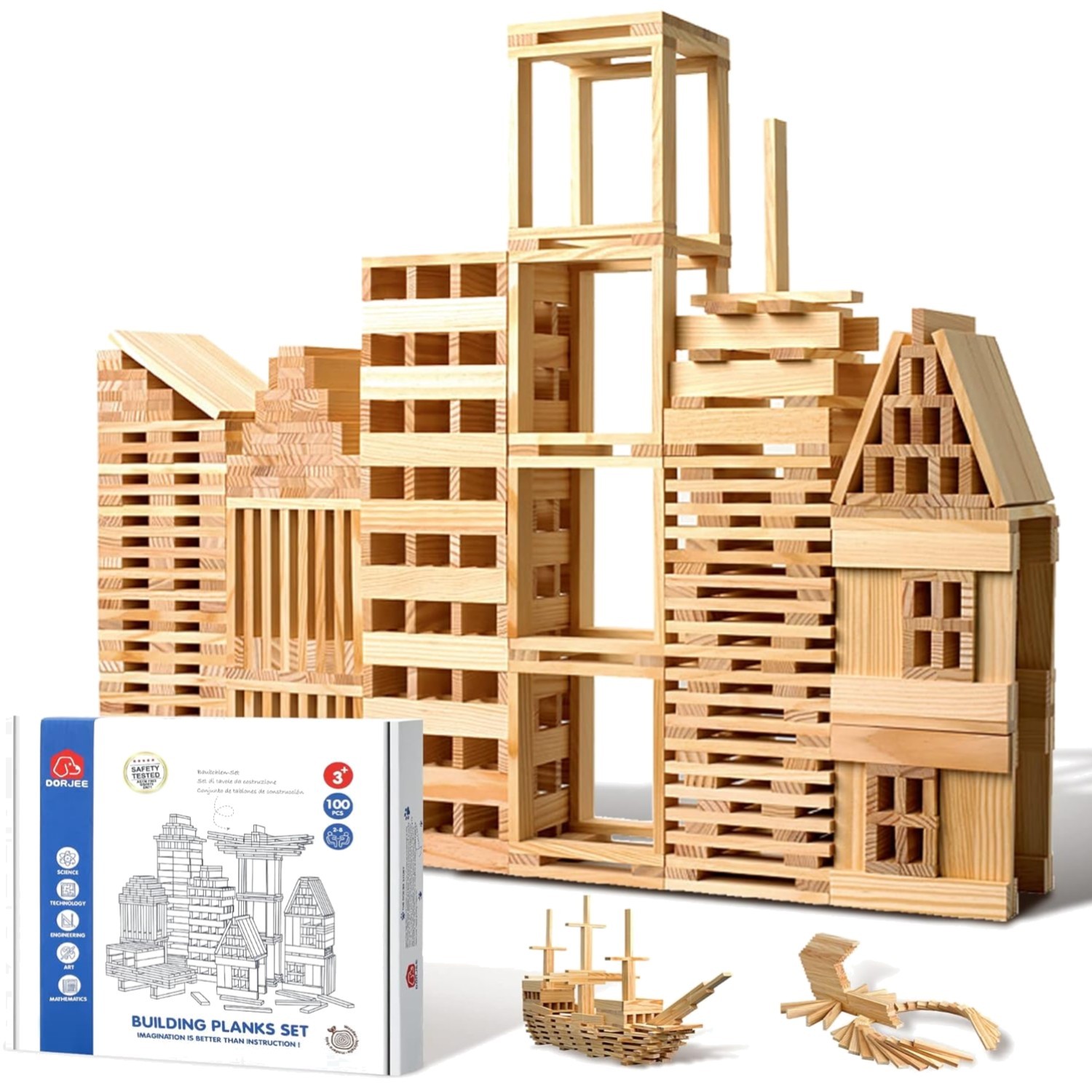 Kreative Holzbausteine 100 Stück, Bauklötze Holz Kinder ab 3 Jahre, Naturholz
