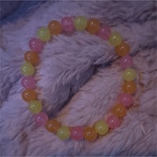 Handmade Girls Beaded Stretch Bracelet Pink Yellow Orange Plastic Round