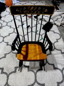 Black & Medium Wood Tone Armchair with Arms, Decorative Metal Backrest