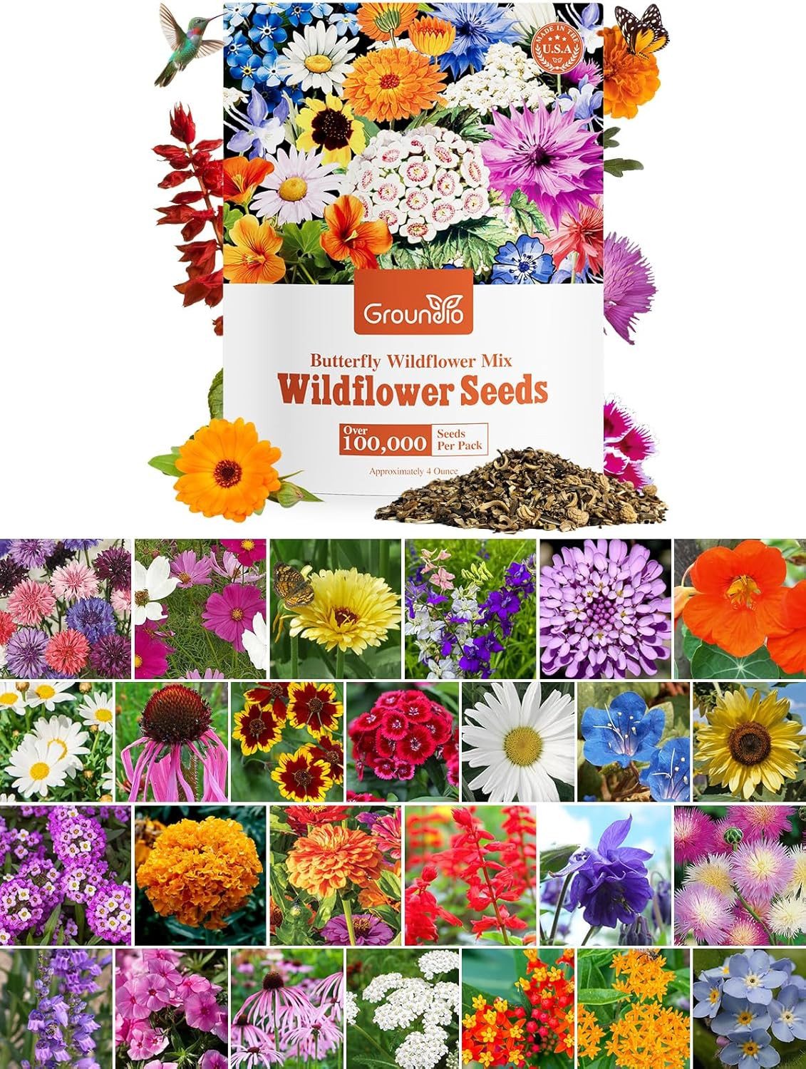 Wildflower Seeds Bulk, 1/4 lb, 100,000+ Seeds, 26 Variety Mix with Zinnia, Mi...