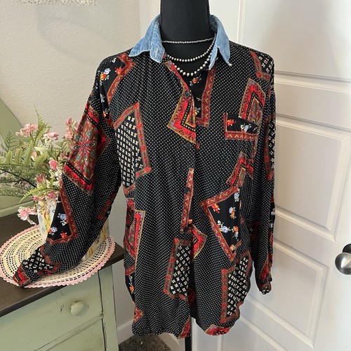 Pennylane Vintage bunte Bandana Schal Print Denim Kragen Knopfleiste Bluse L - Bild 4 von 13