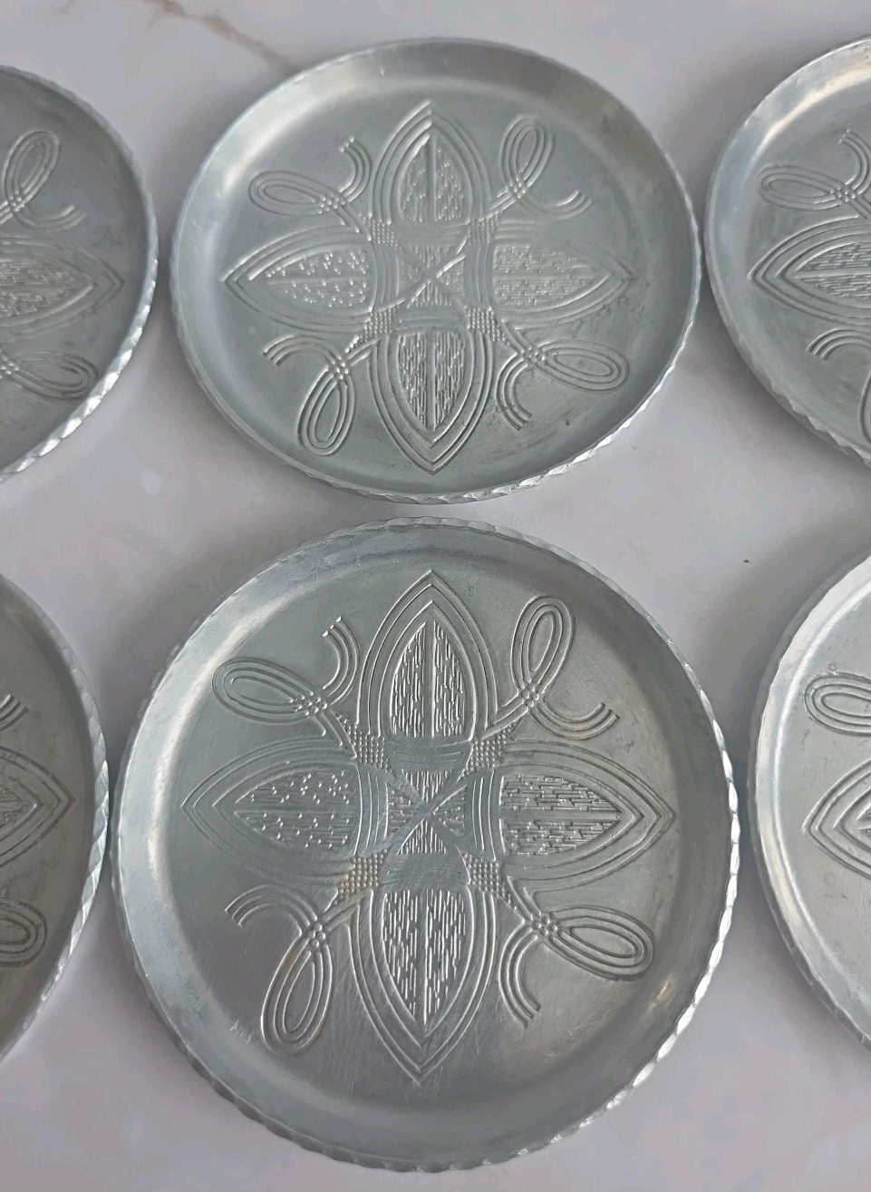 Vintage Aluminum Coasters Set of 6 Etched Decorative Drink Table Protectors