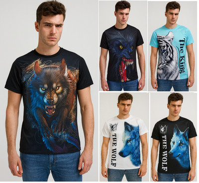 Herren Animal Print 3D Löwe Wolf POLYESTER T Rundhalsausschnitt T-Shirts Muskel Anti Schweiß