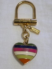 EUC - Coach Legacy Striped Enamel Heart Keyring/Bag Charm - Gold/Multicolor