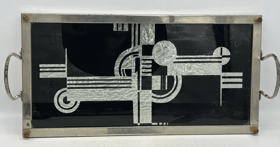 Art Deco Bauhaus Serving Tray with Orange Sherbert Cups, Glass and Silver Plated - Image 2 of 4