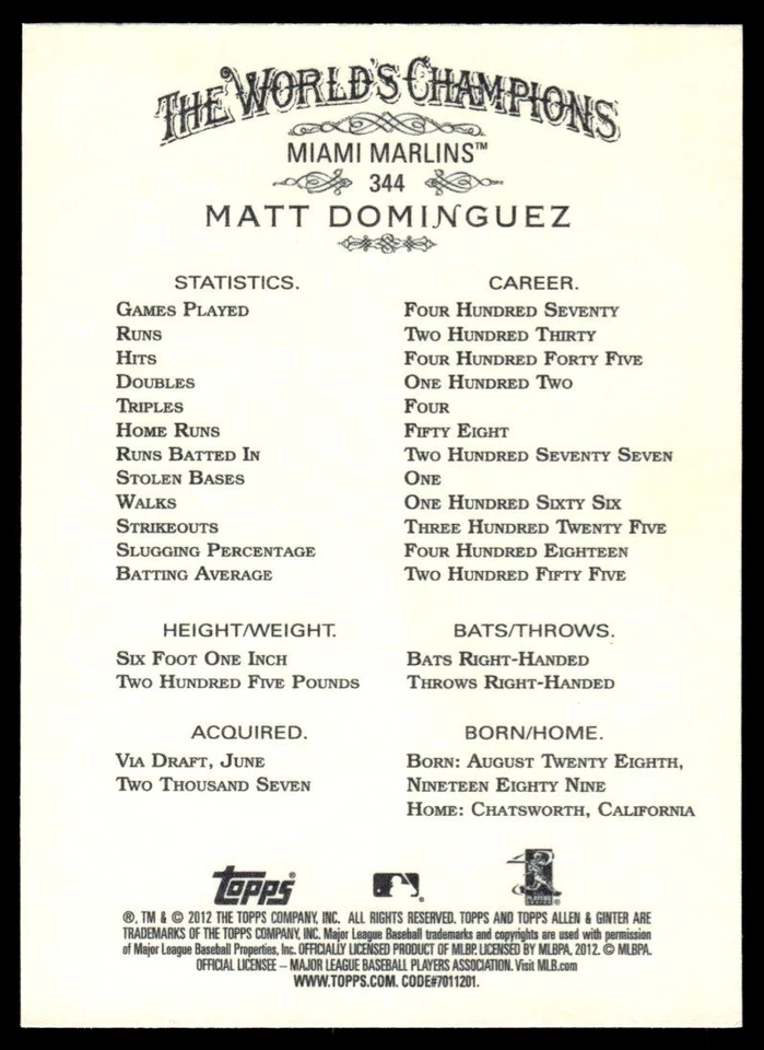 2012 Topps Allen & Ginter Matt Dominguez #344 Rookie Miami Marlins - Image 2 of 2