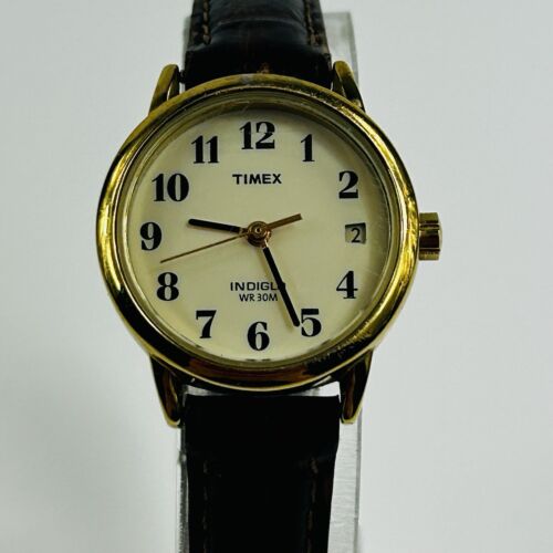 Timex Uhr Damen Indiglo 25mm goldfarben braun Leder Datum WR30M neue Batterie A2