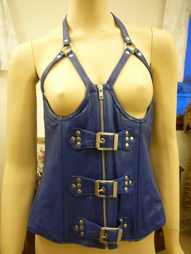 New w/ Tag Genuine Lambskin Leather Blue Zip Front Corset L High Quality L@@K - Picture 2 of 4