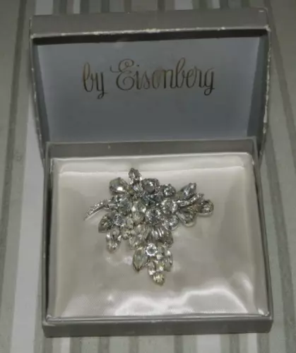 Vtg 2 1/2" Eisenberg Ice Rhinestone Brooch Pin in Original Box